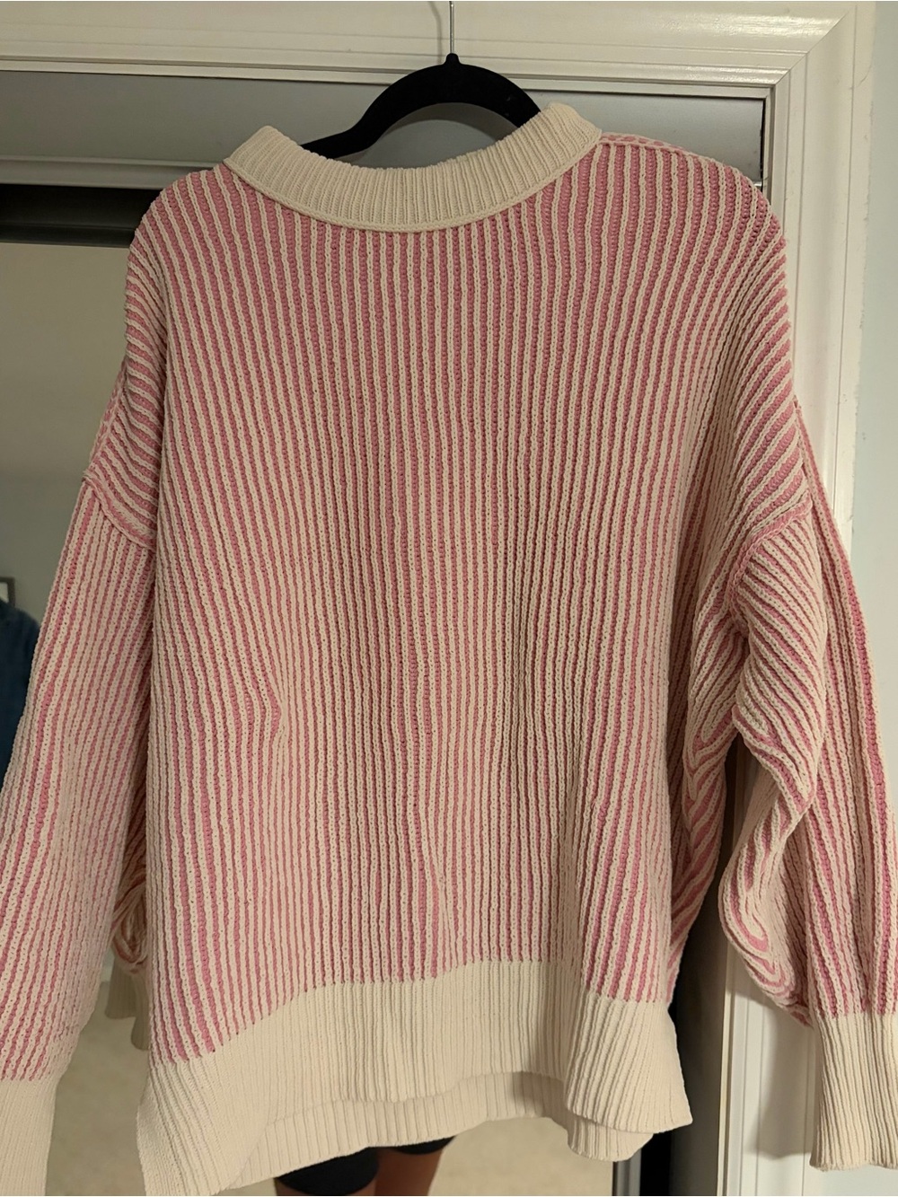 aerie Cream & Pink Striped Crewneck Sweater